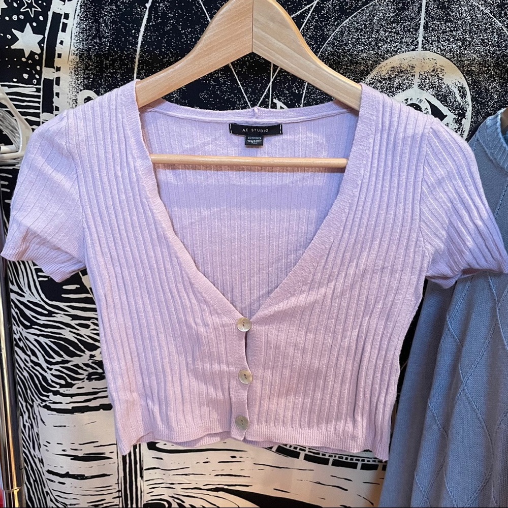 AEO cropped purple button up short sleeve shirt